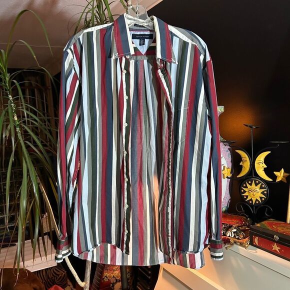 Vintage Y2K Tommy Hilfiger Red and Blue Striped Men's Shirt XL - Picture 10 of 16